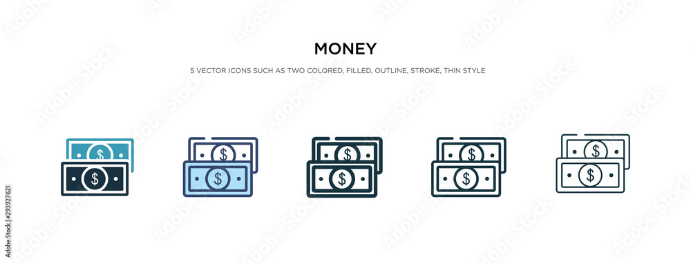 money icon in different style vector illustration. two colored and black money vector icons designed in filled, outline, line and stroke style can be used for web, mobile, ui
