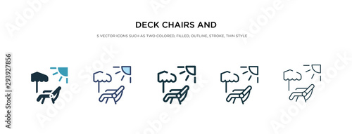 deck chairs and sun icon in different style vector illustration. two colored and black deck chairs and sun vector icons designed in filled, outline, line stroke style can be used for web, mobile, ui