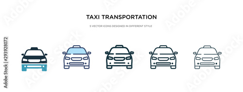 taxi transportation car from frontal view icon in different style vector illustration. two colored and black taxi transportation car from frontal view vector icons designed in filled, outline, line