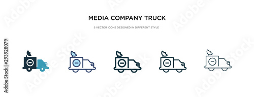 media company truck with satellite icon in different style vector illustration. two colored and black media company truck with satellite vector icons designed in filled, outline, line and stroke