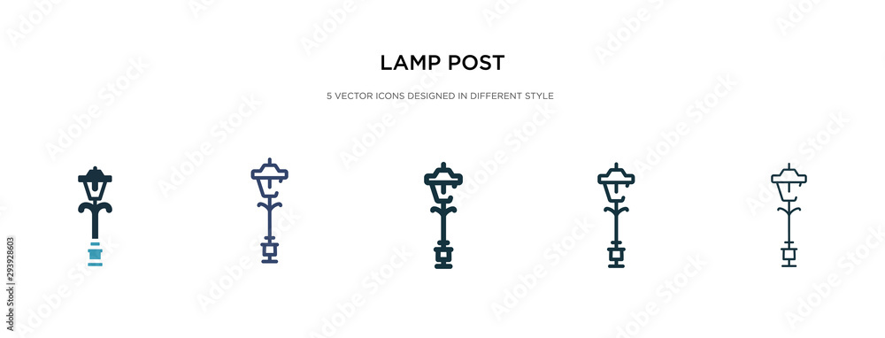 lamp post icon in different style vector illustration. two colored and black lamp post vector icons designed in filled, outline, line and stroke style can be used for web, mobile, ui lamp post icon in different style vector illustration. two colored and black lamp post vector icons designed in filled, outline, line and stroke style can be used for web, mobile, ui