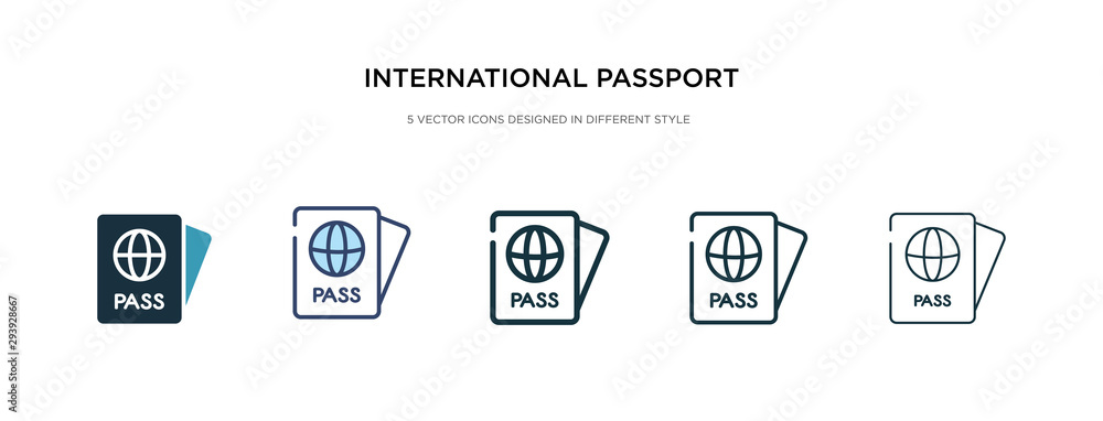 international passport icon in different style vector illustration. two colored and black international passport vector icons designed in filled, outline, line and stroke style can be used for web, - obrazy, fototapety, plakaty 