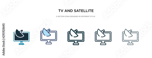 tv and satellite icon in different style vector illustration. two colored and black tv and satellite vector icons designed in filled, outline, line stroke style can be used for web, mobile, ui