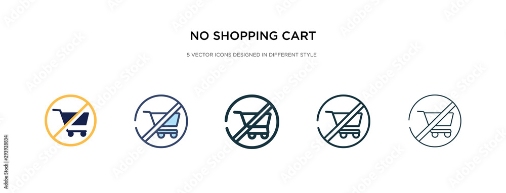 no shopping cart icon in different style vector illustration. two colored and black no shopping cart vector icons designed in filled, outline, line and stroke style can be used for web, mobile, ui