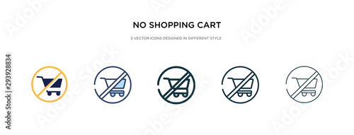 no shopping cart icon in different style vector illustration. two colored and black no shopping cart vector icons designed in filled, outline, line and stroke style can be used for web, mobile, ui