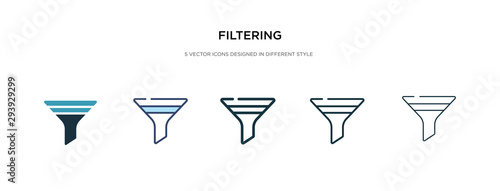 filtering icon in different style vector illustration. two colored and black filtering vector icons designed in filled, outline, line and stroke style can be used for web, mobile, ui photo