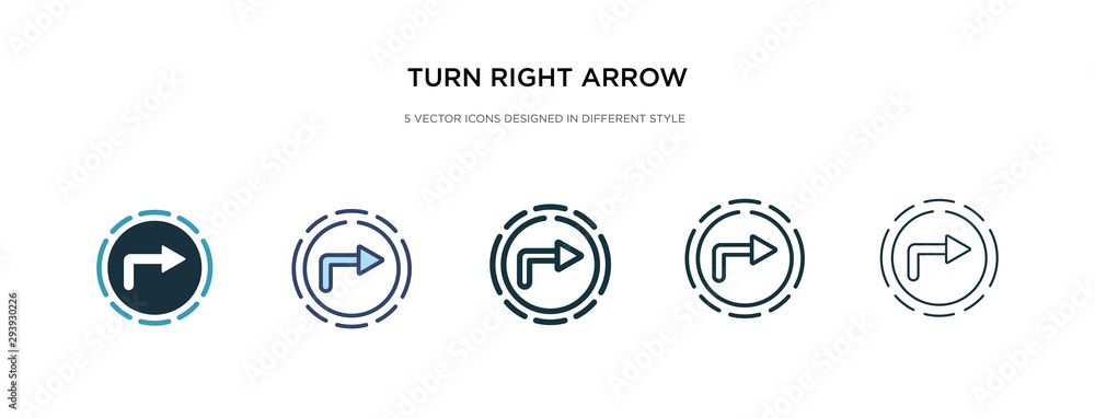 turn right arrow icon in different style vector illustration. two colored and black turn right arrow vector icons designed in filled, outline, line and stroke style can be used for web, mobile, ui turn right arrow icon in different style vector illustration. two colored and black turn right arrow vector icons designed in filled, outline, line and stroke style can be used for web, mobile, ui