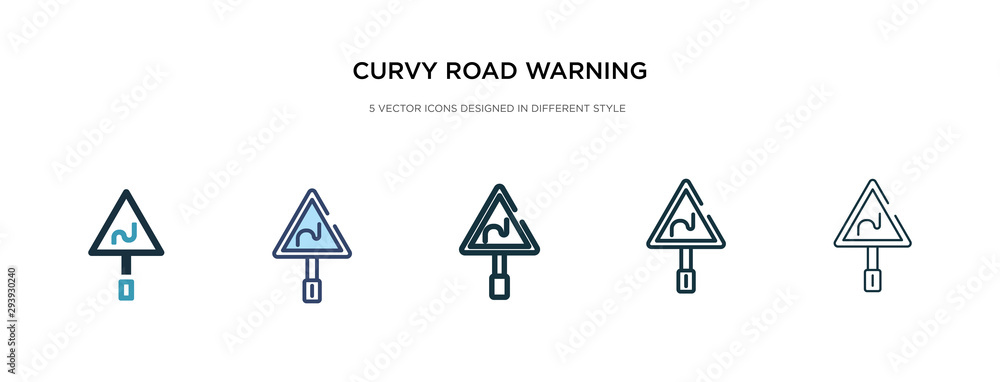 curvy road warning icon in different style vector illustration. two colored and black curvy road warning vector icons designed in filled, outline, line and stroke style can be used for web, mobile, curvy road warning icon in different style vector illustration. two colored and black curvy road warning vector icons designed in filled, outline, line and stroke style can be used for web, mobile,