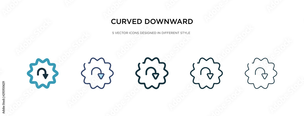 curved downward arrow icon in different style vector illustration. two colored and black curved downward arrow vector icons designed in filled, outline, line and stroke style can be used for web, curved downward arrow icon in different style vector illustration. two colored and black curved downward arrow vector icons designed in filled, outline, line and stroke style can be used for web,