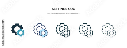 settings cog icon in different style vector illustration. two colored and black settings cog vector icons designed in filled, outline, line and stroke style can be used for web, mobile, ui