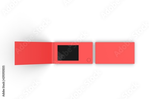 Blank LCD Video Mailer Card And Brochure For branding. 3d render illustration.