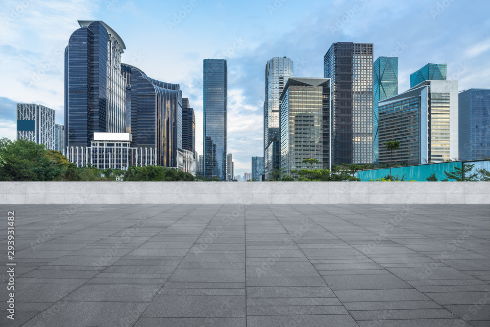 Panoramic skyline and buildings with empty square floor.