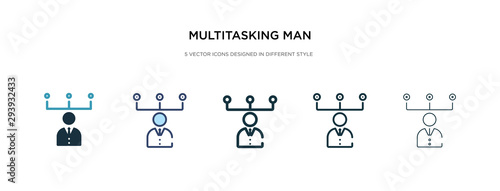 multitasking man icon in different style vector illustration. two colored and black multitasking man vector icons designed in filled, outline, line and stroke style can be used for web, mobile, ui