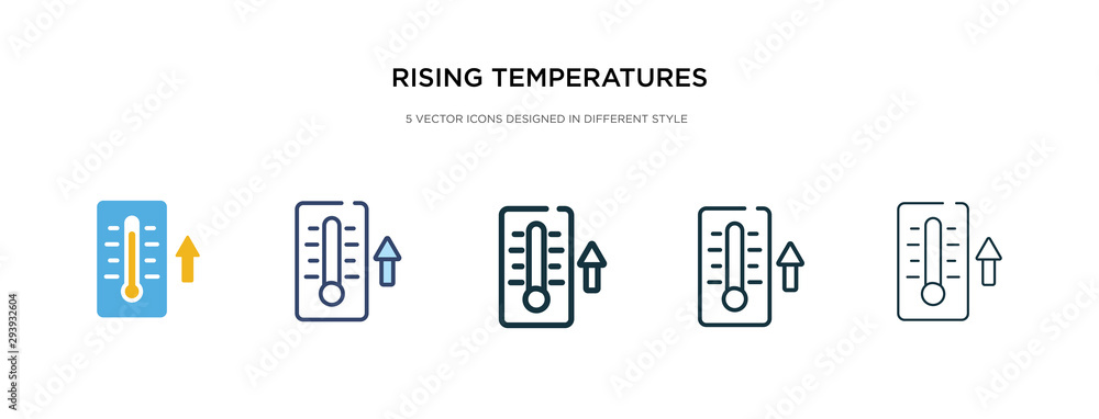 rising temperatures icon in different style vector illustration. two colored and black rising temperatures vector icons designed in filled, outline, line and stroke style can be used for web,