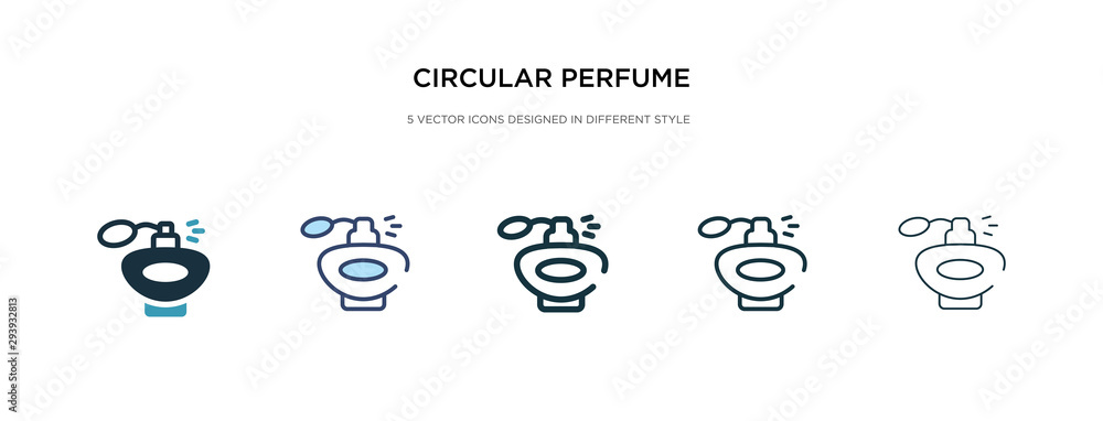 circular perfume bottle icon in different style vector illustration. two colored and black circular perfume bottle vector icons designed in filled, outline, line and stroke style can be used for