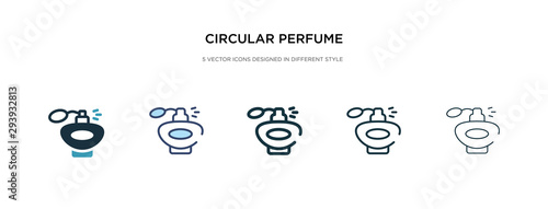 circular perfume bottle icon in different style vector illustration. two colored and black circular perfume bottle vector icons designed in filled, outline, line and stroke style can be used for