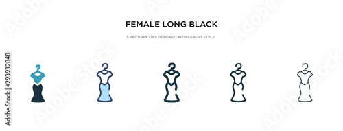 female long black dress icon in different style vector illustration. two colored and black female long black dress vector icons designed in filled, outline, line and stroke style can be used for