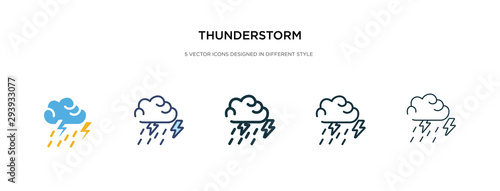 thunderstorm icon in different style vector illustration. two colored and black thunderstorm vector icons designed in filled, outline, line and stroke style can be used for web, mobile, ui