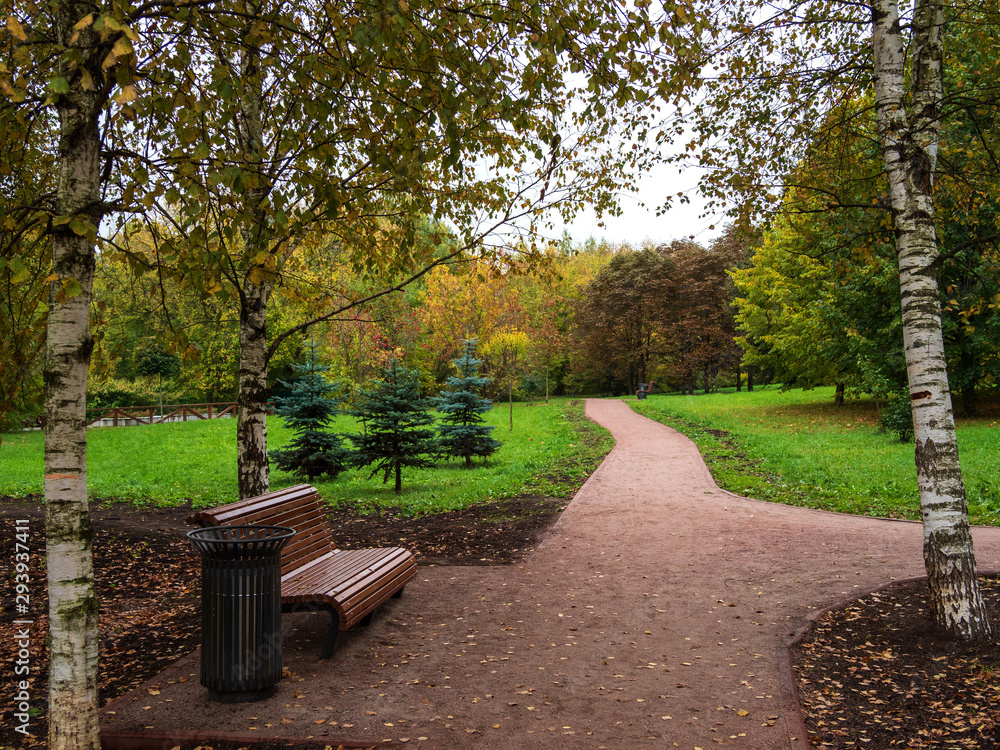 Autumn, Park, bench, path, trees.