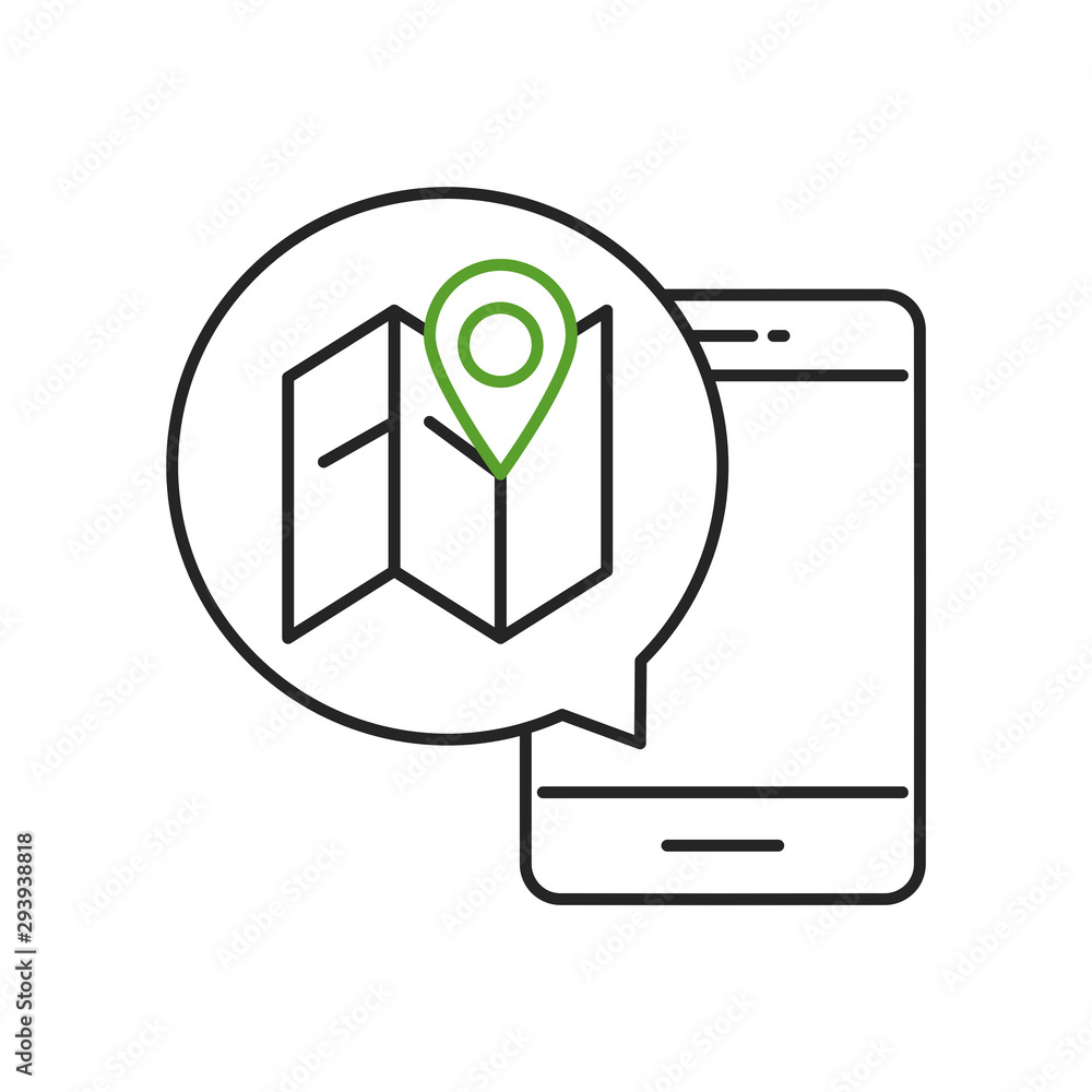 Smartphone and GPS location pin on map icon. Outline thin line. Isolated on white background. Flat style. Smartphone and GPS location pin on map icon. Outline thin line. Isolated on white background. Flat style.