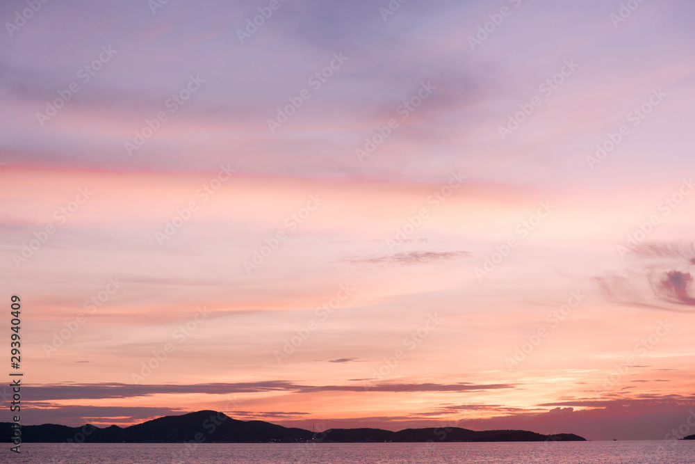 Sea sunset landscape. Pink clouds.