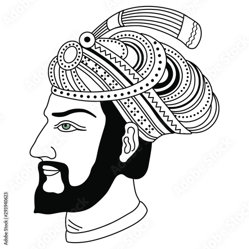 Head of a bearded Muslim man in turban. Vintage style. Black and white silhouette.