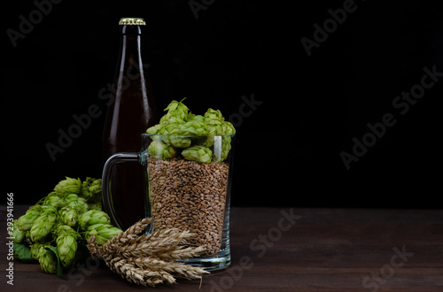 Konstfotografi Bottle of a craft beer and mug with malt and fresh green of hops like a foam on dark wooden table