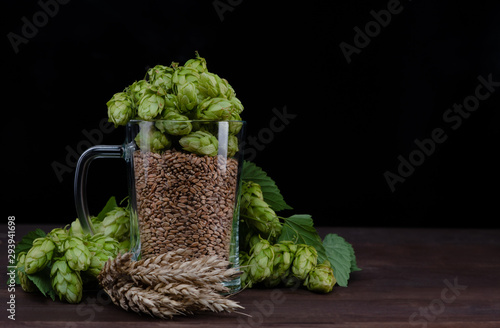 Mug with malt and fresh green of hops like a hops on dark wooden table. Empty space for text. Black background