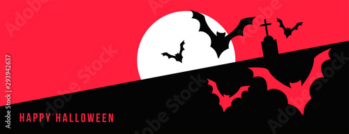 happy halloween banner with full moon and flying bats