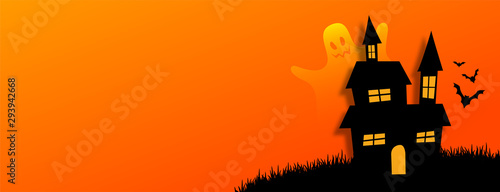 flat style halloweeb orange banner with scary house