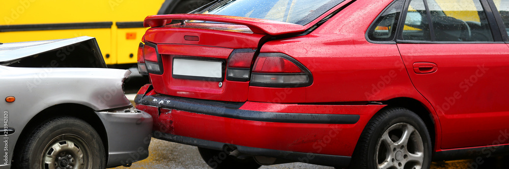 Accident of red and silver car after rain damage failure to keep distance safe distance