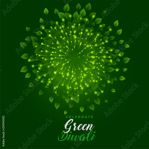 green fireworks with leaves for happy diwali celebration