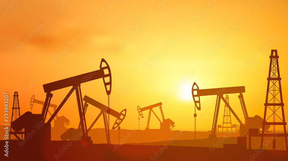 Silhouette Oil pumps at oil field with sunset sky background Silhouette Oil pumps at oil field with sunset sky background