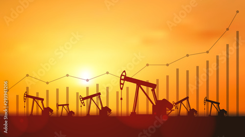 Up trend line graph and Silhouette Oil pumps at oil field with sunset sky background
