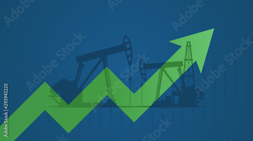 Abstract Business chart with Oil pumps and up green arrows on blue color background