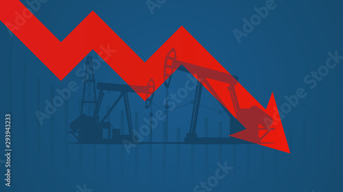Abstract Business chart with Oil pumps and down red arrows on blue color background