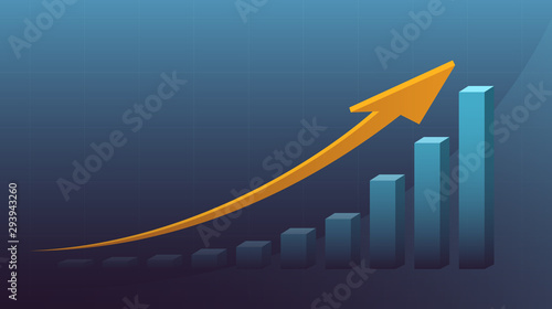 Abstract financial graph with 3d bar chart and arrows in stock market on blue color background