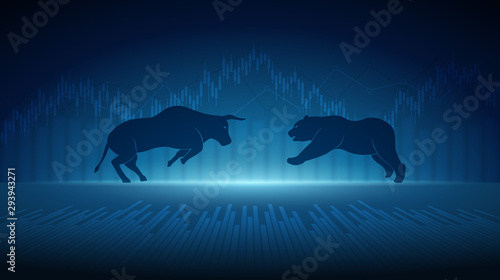 Abstract financial chart with bulls and bear in stock market on blue color background photo