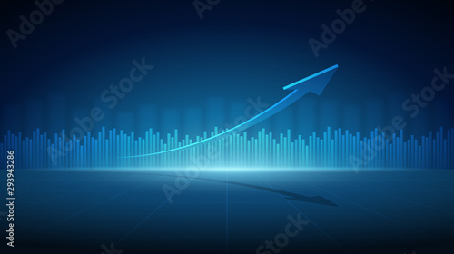 Widescreen Abstract financial graph with 3d arrow and bar chart of stock market on blue color background