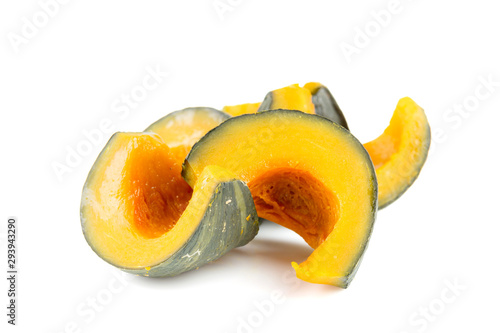 Slices of streamed pumpkin isolated on white background.
