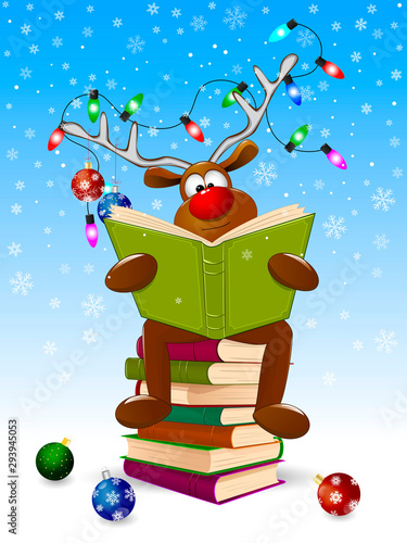 Reindeer reading a books for Christmas. Cartoon deer reads a book for Christmas. A deer with a book and with Christmas decorations on a winter background. A deer is sitting on a stack of books