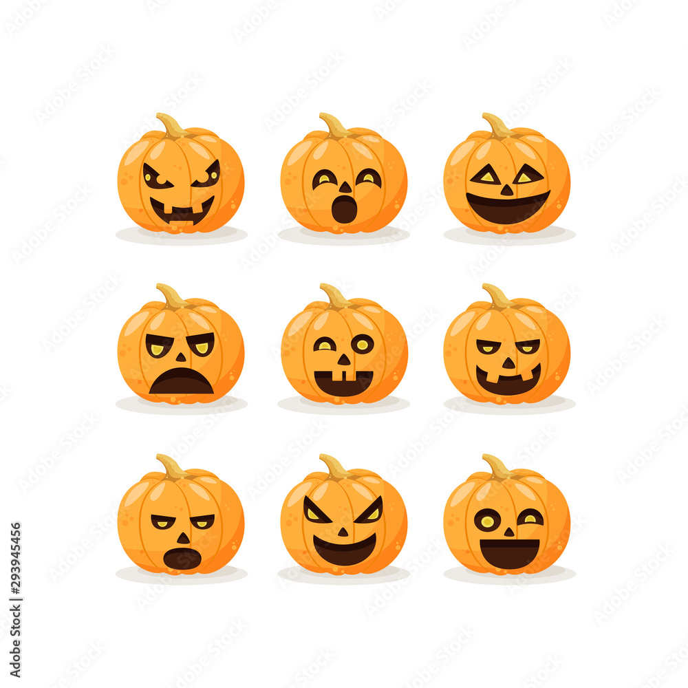 Set of halloween pumpkins, funny faces. Autumn holidays. Set of colorful cartoon icons of emotional. Vector illustration EPS10. Set of halloween pumpkins, funny faces. Autumn holidays. Set of colorful cartoon icons of emotional. Vector illustration EPS10.