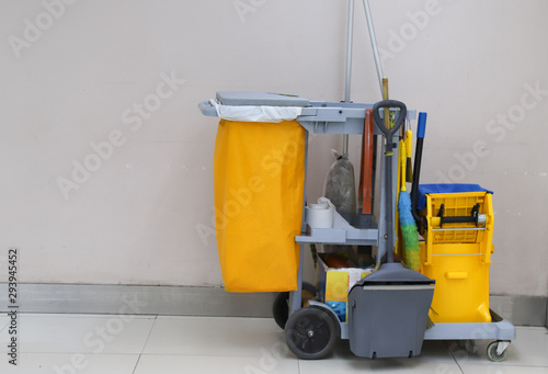 Closeup of janitorial, cleaning equipment and tools for floor cleaning.