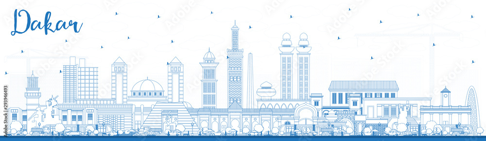 Fototapeta premium Outline Dakar Senegal City Skyline with Blue Buildings.
