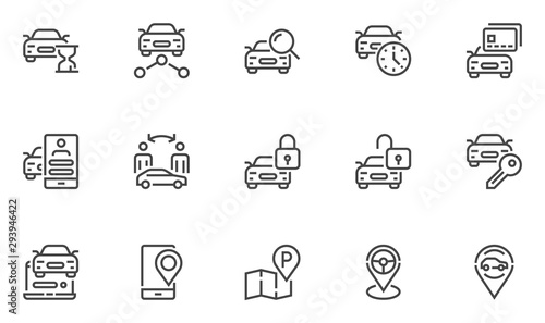 Car sharing vector line icons set. Collaborative consumption, car rental service. Editable stroke. 48x48 Pixel Perfect.