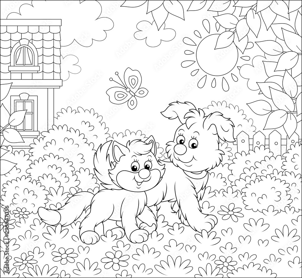 Funny pup walking with a kitten on a lawn by a house on a sunny summer ...