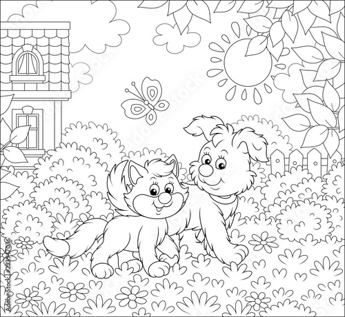 Funny pup walking with a kitten on a lawn by a house on a sunny summer day, black and white vector illustration in a cartoon style for a coloring book