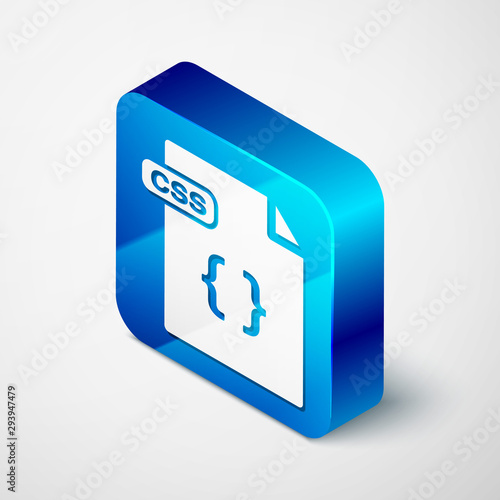 Isometric CSS file document. Download css button icon isolated on white background. CSS file symbol. Blue square button. Vector Illustration