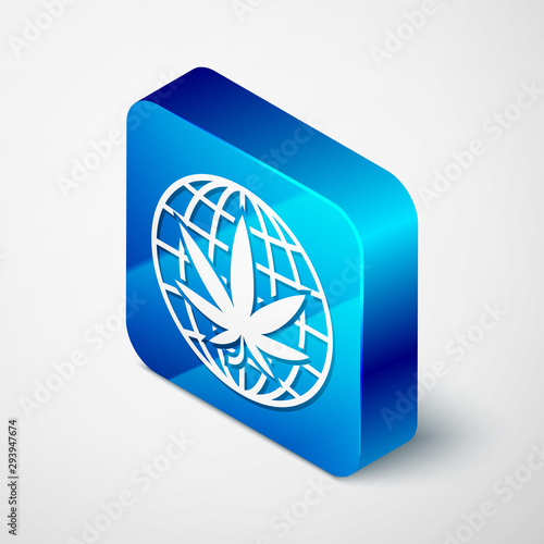 Isometric Legalize marijuana or cannabis globe symbol icon isolated on white background. Hemp symbol. Blue square button. Vector Illustration