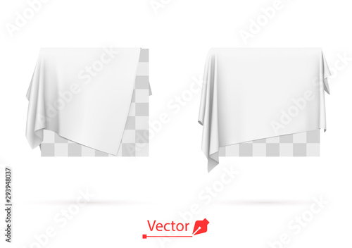 White cloth covered blank board isolated on white background. Drapery fabric.